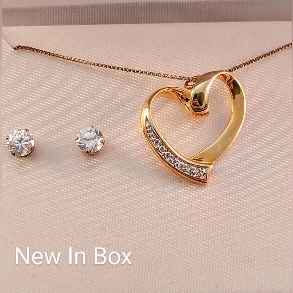 Gold Over Sterling Crystal Open Heart Pendant Necklace Earrings Set - New…
